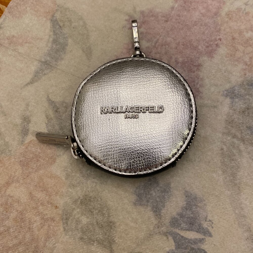 Karl Lagerfeld Coin Purse/Sanitizer Holder Zip-Around 3.5" Diameter Silver NEW